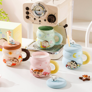 蜡笔小新陶瓷杯子带盖可爱个人家用办公马克杯高颜值新款 水杯好看