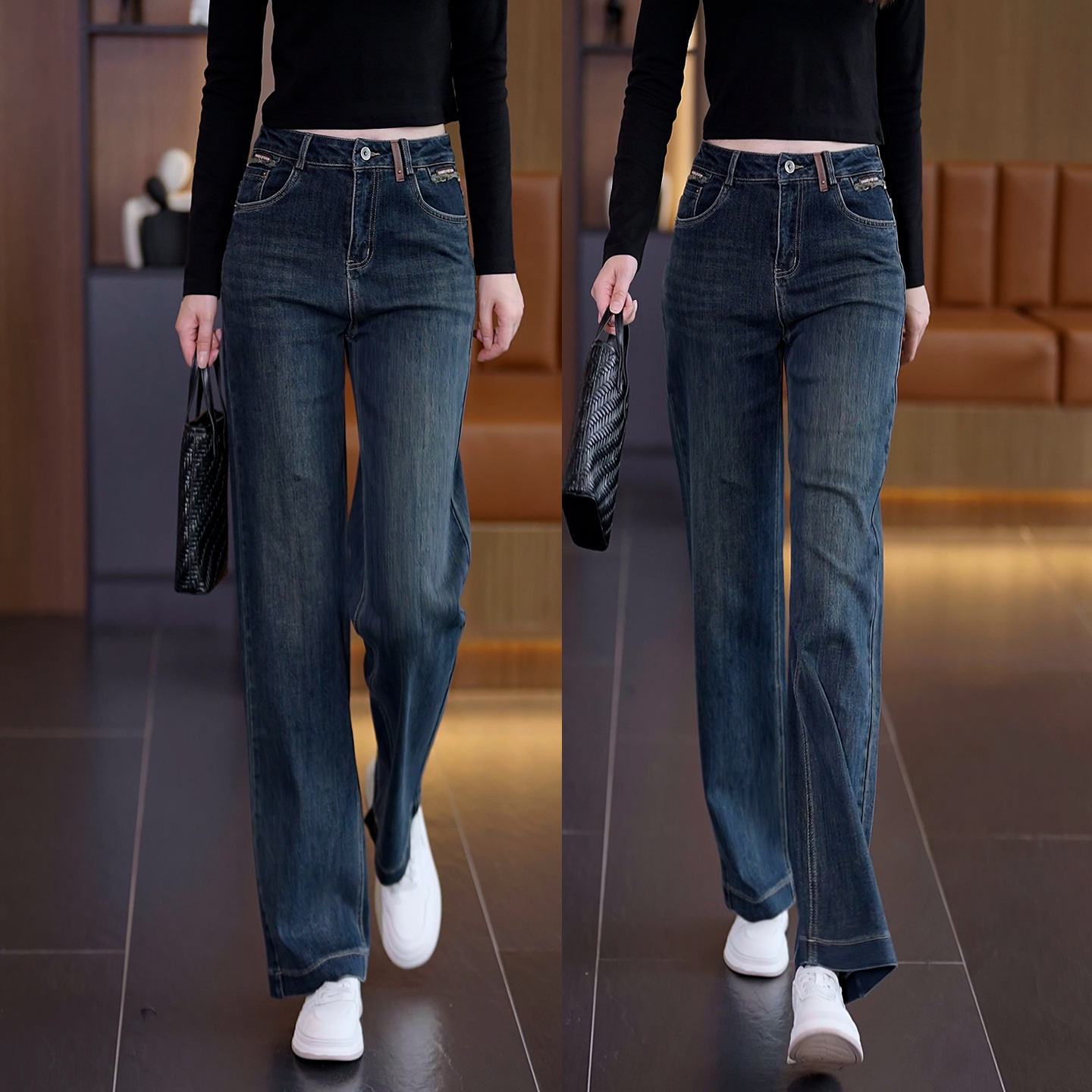 加绒复古蓝直筒牛仔裤女秋冬2025