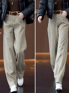 奶茶灰色弯刀牛仔裤女秋冬2025新爆款高腰加绒宽松显瘦窄版阔腿裤