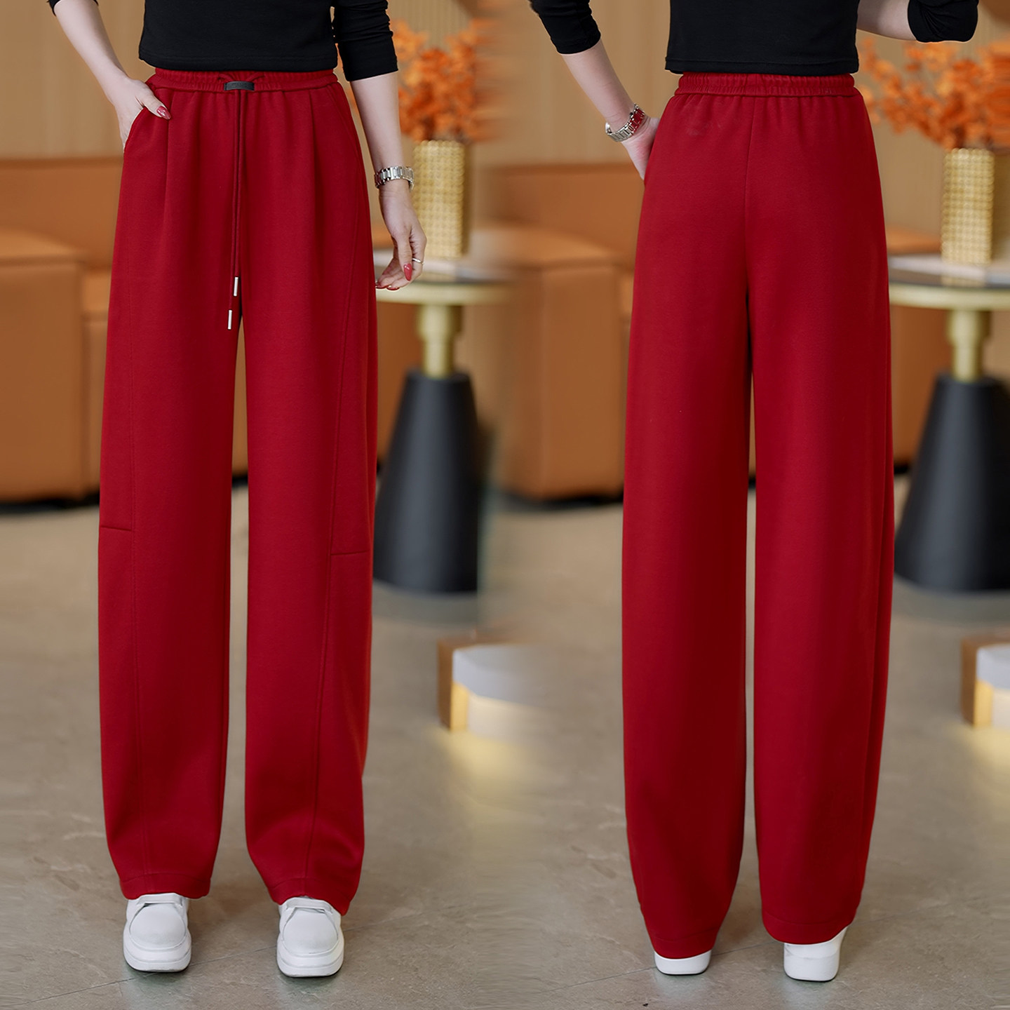 红色直筒弯刀休闲裤女春秋2026新爆款高腰显瘦卫裤宽松百搭运动裤
