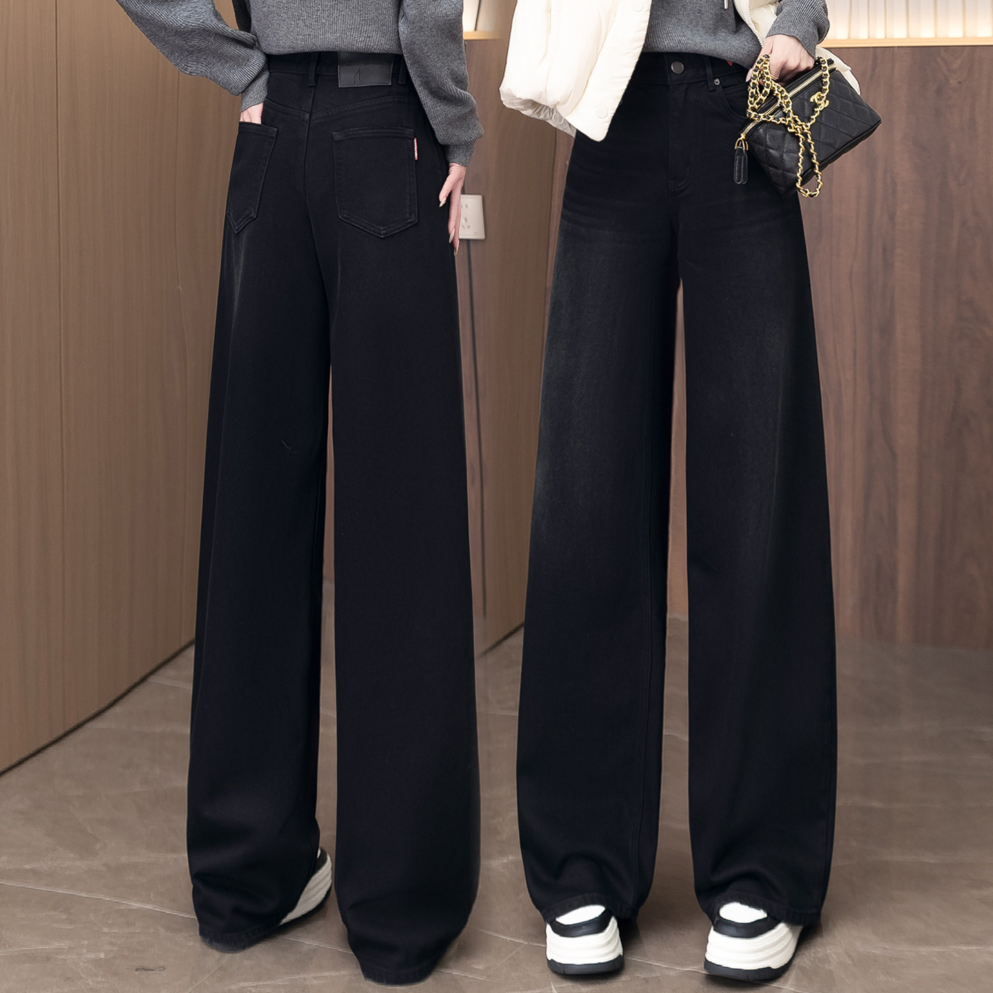 黑色窄版阔腿牛仔裤女秋冬季新款高腰流行爆款休闲加绒宽松直筒裤