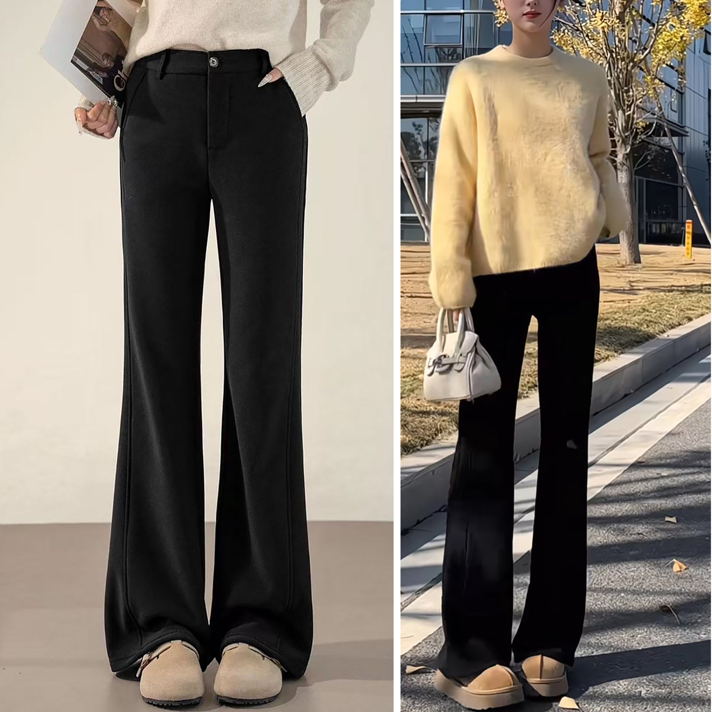 黑色超模微喇裤女2025秋冬加绒保暧高腰显瘦休闲裤修身弹力喇叭裤