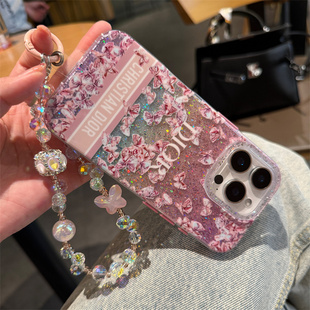 少女蝴蝶閃粉甜美名媛適用iPhone16promax粉水晶鏈條蘋果15手機(jī)套14輕奢13