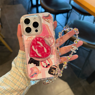 高定少女粉小香風(fēng)適用iPhone16promax蘋果15手機(jī)殼14愛(ài)心磁吸磁吸支架13硅膠粉鉆鏈條甜美