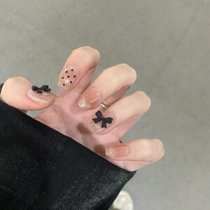 纯手工定制美甲赫本猫眼黑色蝴蝶结复古波点可拆卸假指甲贴片光疗