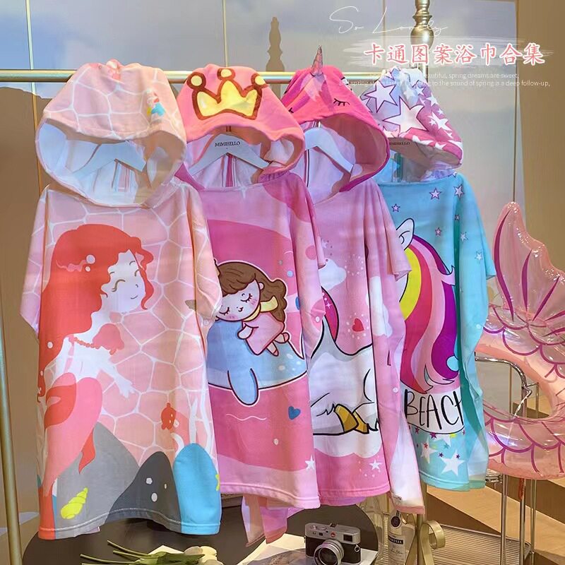 儿童浴巾斗篷超细纤维连帽披风浴袍卡通可穿毛巾游泳沙滩浴巾宝宝