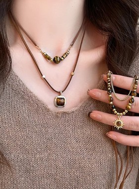 秋冬款美拉德咖色虎眼石项链女长款流苏太阳花毛衣卫衣链网红颈链