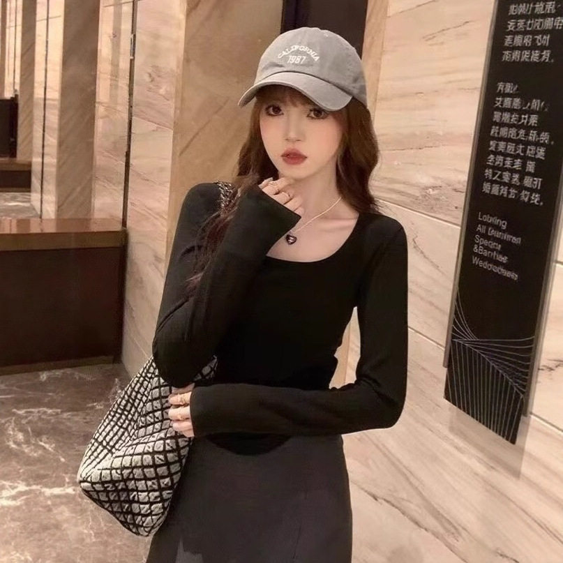纯色方领打底衫女秋冬内搭设计感弧形下摆修身收腰长袖t恤女上衣
