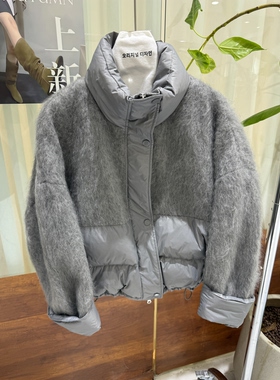 2025秋冬新款双面羊绒拉绒短款韩版宽松显瘦羊毛外套女拼羽绒帽