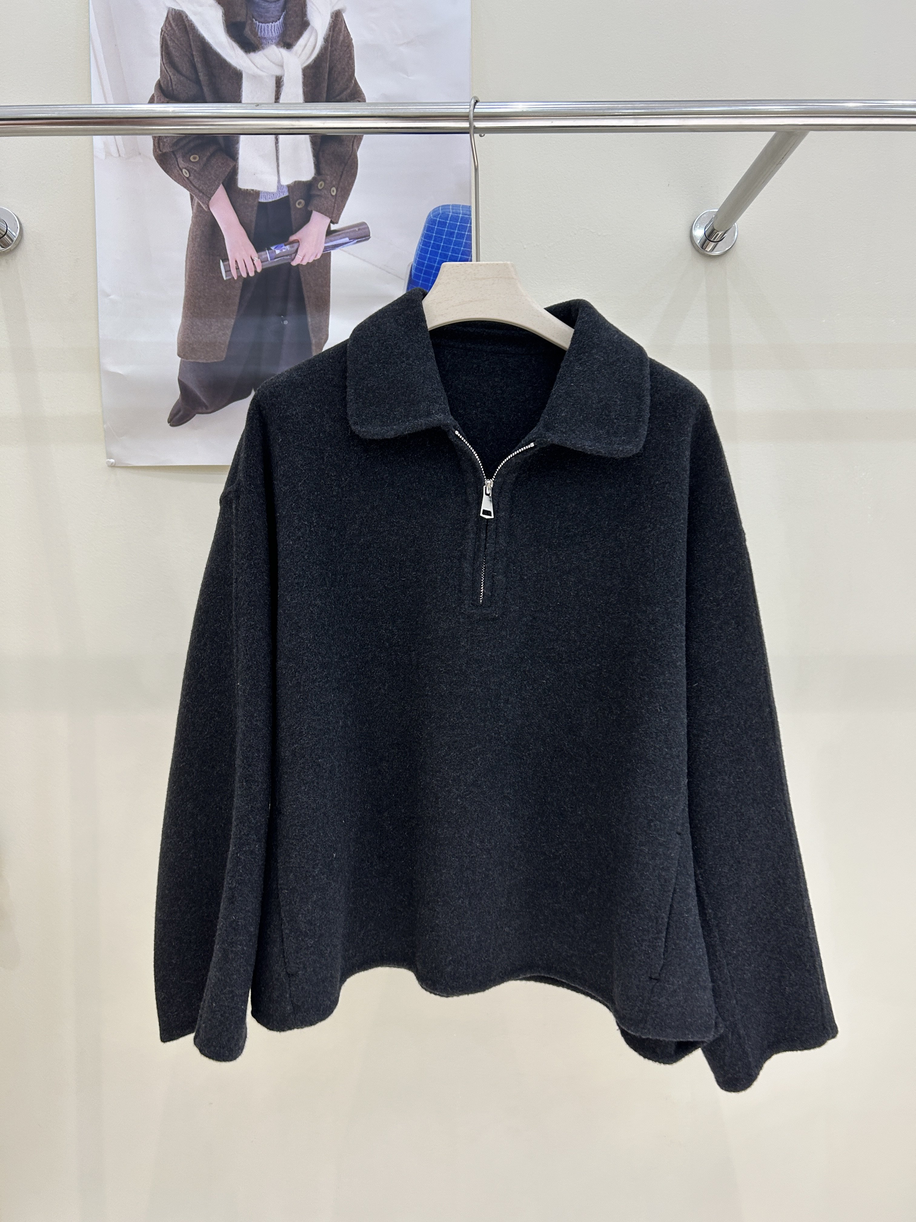 欧洲站双面呢上衣秋女POLO半拉链翻领宽松百搭短款羊毛套头外套女