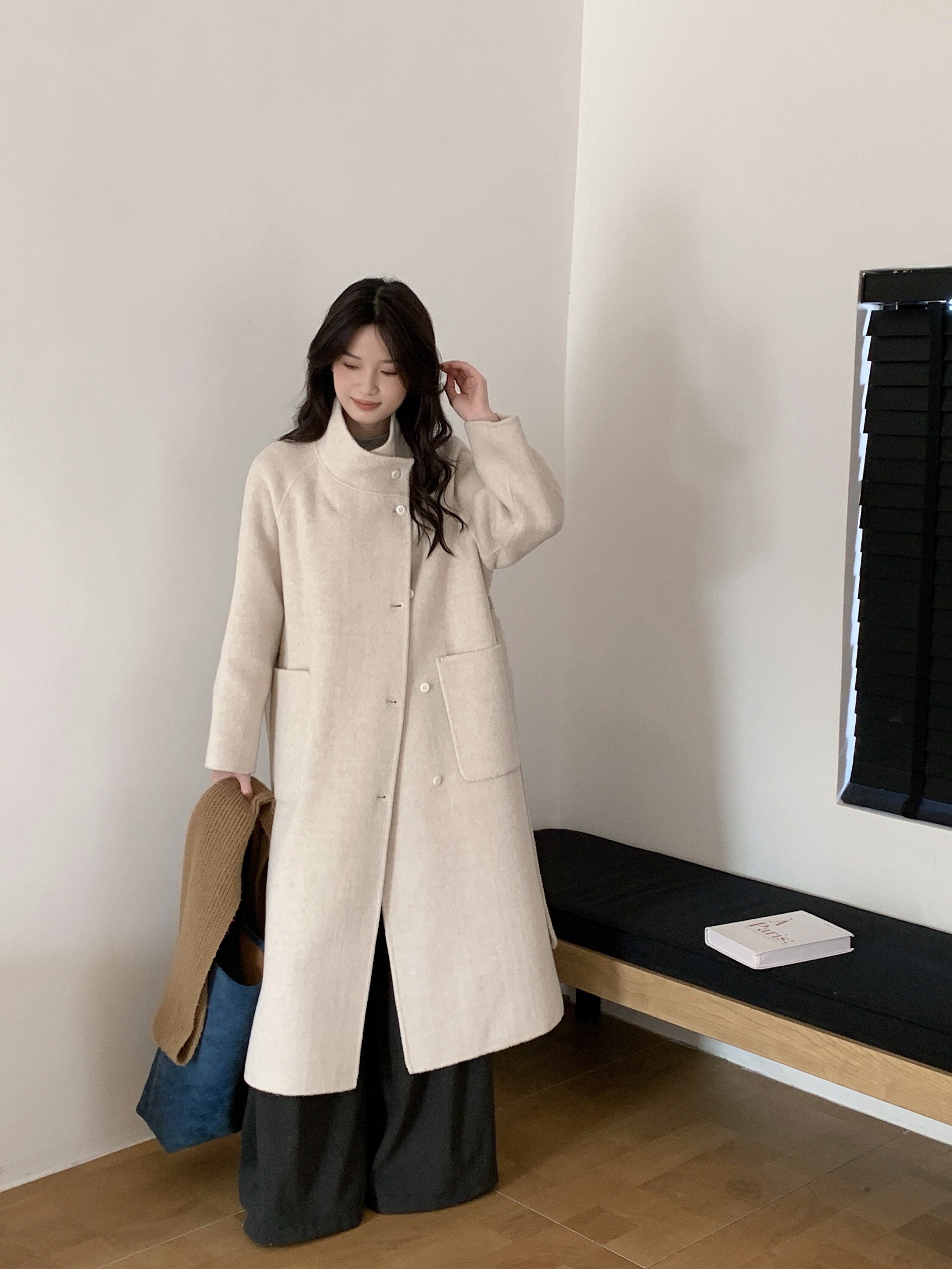 2025秋冬新款10羊绒韩版宽松双面大衣女长款系带收腰显瘦立领外套