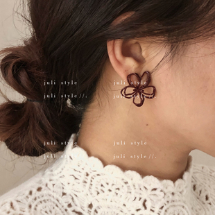 橘里 手工酒红色花朵耳钉气质显脸瘦百搭不规则耳环 S925纯银针