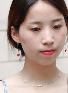 少女心 纯银小红心耳线红色桃心形耳坠韩国耳饰品防过敏生日礼物