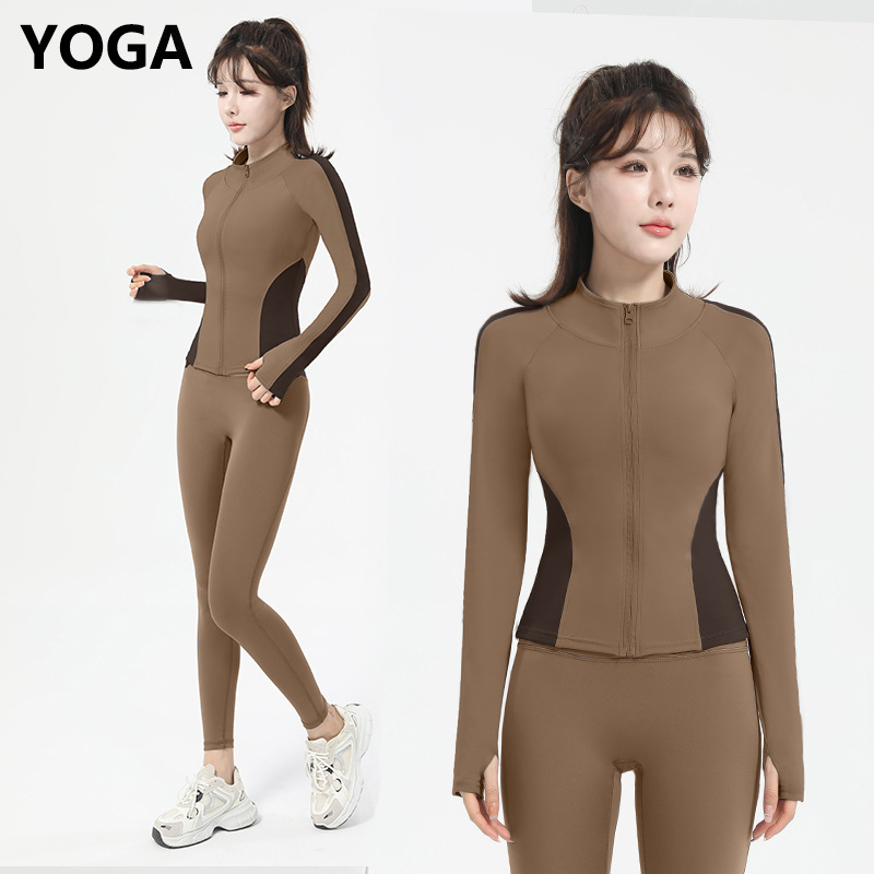 立领拉链外穿瑜伽服外套修身运动上衣长袖健身服女春季同款套装