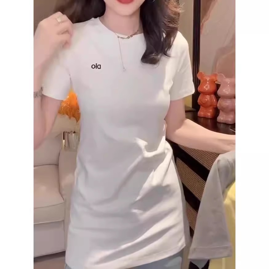 韩版简约圆领短袖T恤中长款