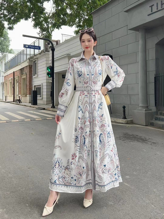 Retro Palace-Style Lantern Long-Sleeved Stand-Up Collar Waist-Slimming A-Line Printed Single-Breasted Shirt Dress for Women