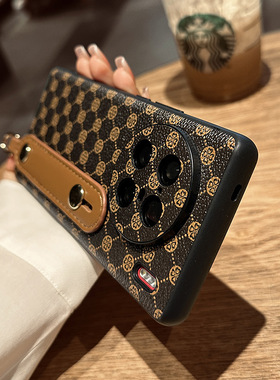 适用于VIVO X90Pro手机壳X90保护套手腕带防摔支架挂绳X90Pro+新款镜头全包花纹皮质高端曲屏创意时尚男女士