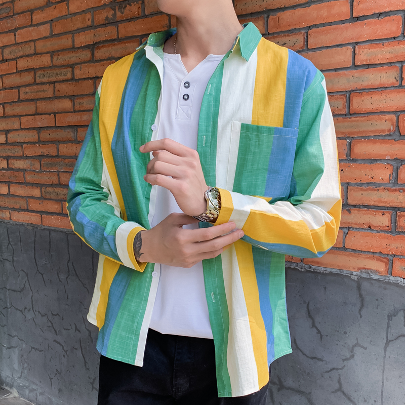 彩色条纹亚麻衬衫男士长袖宽松清新阳光薄款透气棉麻休闲衬衣百搭