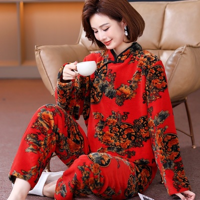 睡衣女秋冬中老年加厚套装妈妈奶奶保暖长袖春秋婆婆珊瑚绒法兰绒