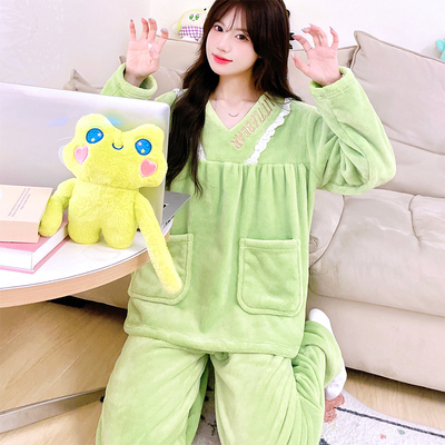 睡衣女秋冬季加厚套装家居服保暖长袖春秋新款珊瑚绒法兰绒可外穿