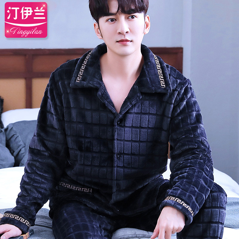 加厚加绒家居服法兰绒金丝绒男士睡衣男秋冬季款珊瑚绒居家服毛绒