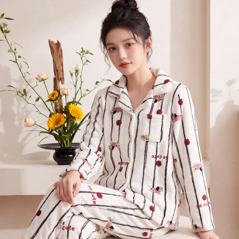 睡衣女秋冬季加厚套装家居服保暖长袖春秋新款珊瑚绒法兰绒可外穿