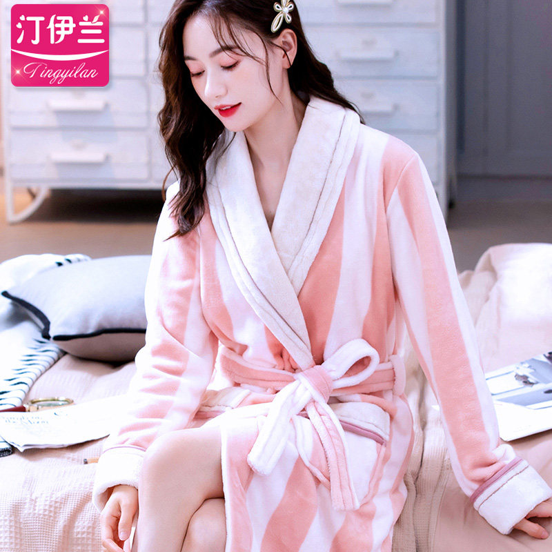 汀伊兰睡袍女加绒加厚法兰绒长袖秋冬珊瑚绒浴袍睡衣浴衣长款休闲