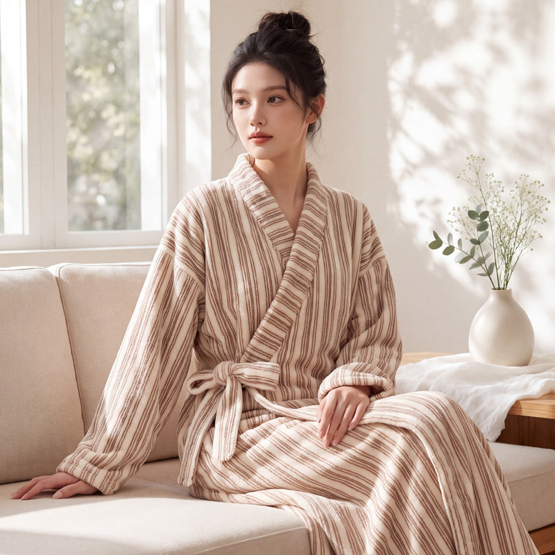 睡袍女秋冬季加厚珊瑚绒长袍浴袍保暖春秋法兰绒新款睡衣外穿长袖
