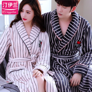 条纹爱心情侣睡袍休闲加厚法兰绒浴袍珊瑚绒O男女浴衣加长睡衣秋