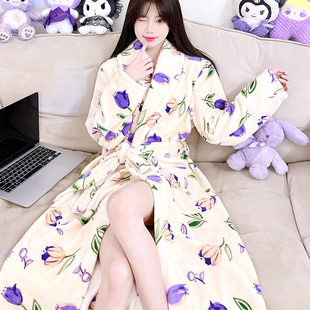 睡衣 春秋法兰绒新款 睡袍女秋冬季 加厚珊瑚绒长袍外穿浴袍保暖长袖
