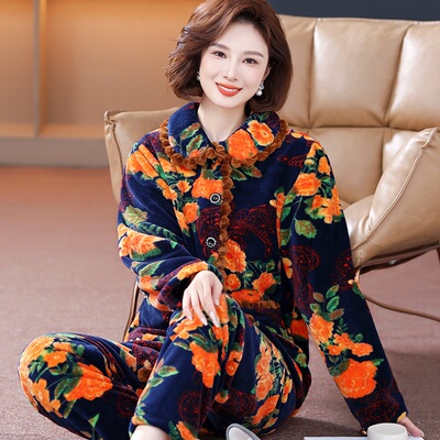 睡衣女秋冬中老年加厚套装妈妈奶奶保暖长袖春秋婆婆珊瑚绒法兰绒