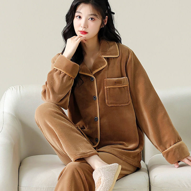 睡衣女秋冬季加厚套装家居服保暖长袖春秋新款珊瑚绒法兰绒可外穿
