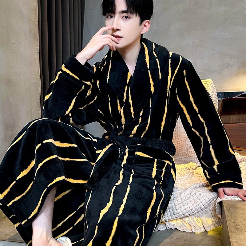 睡袍睡衣男秋冬季加厚珊瑚绒大码外穿浴袍保暖长袖春秋法兰绒新款