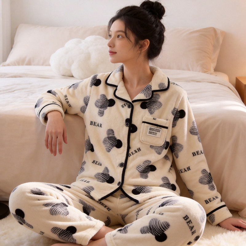 睡衣女秋冬季加厚套装家居服保暖长袖春秋新款珊瑚绒法兰绒可外穿