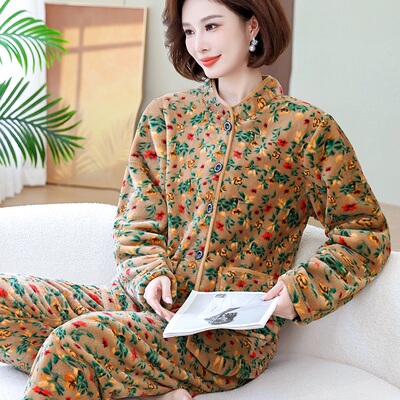 睡衣女秋冬中老年加厚套装妈妈奶奶保暖长袖春秋婆婆珊瑚绒法兰绒
