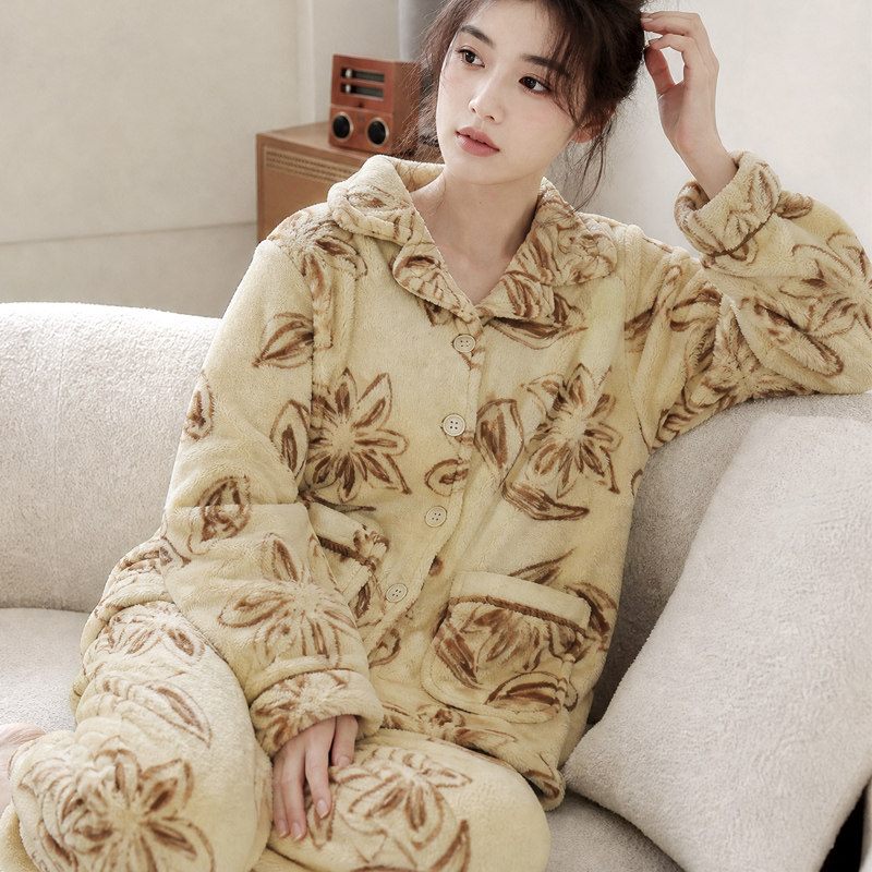 睡衣女秋冬季加厚套装家居服保暖长袖春秋新款珊瑚绒法兰绒可外穿