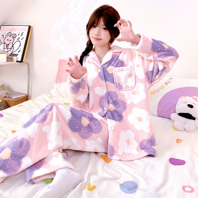 睡衣女士套装家居服套装保暖加绒加厚法兰绒珊瑚绒秋冬爆款可外穿