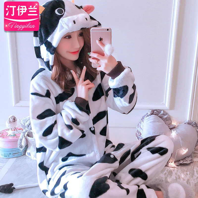 奶牛睡衣女加厚法兰连体卡通套装珊瑚绒家居服男长袖秋冬季绒可爱