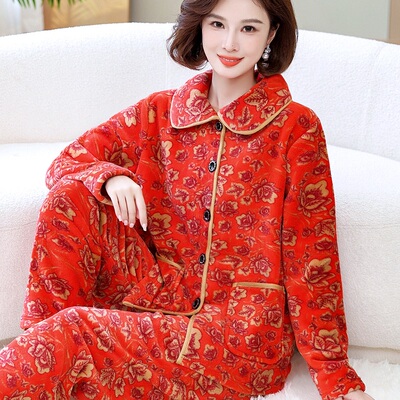 睡衣女秋冬中老年加厚套装妈妈奶奶保暖长袖春秋婆婆珊瑚绒法兰绒