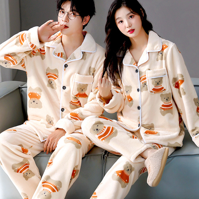 情侣睡衣女秋冬季加厚套装家居服男保暖长袖春秋珊瑚绒法兰绒外穿