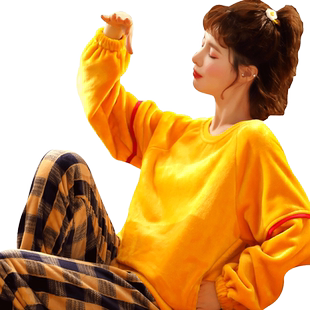 可外穿韩版宽松睡衣女可爱加厚法兰绒套装家居服珊瑚绒秋冬可出门