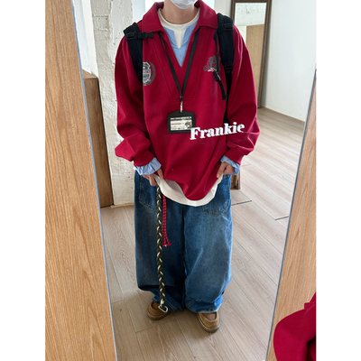 美式复古假两件拼接V领卫衣