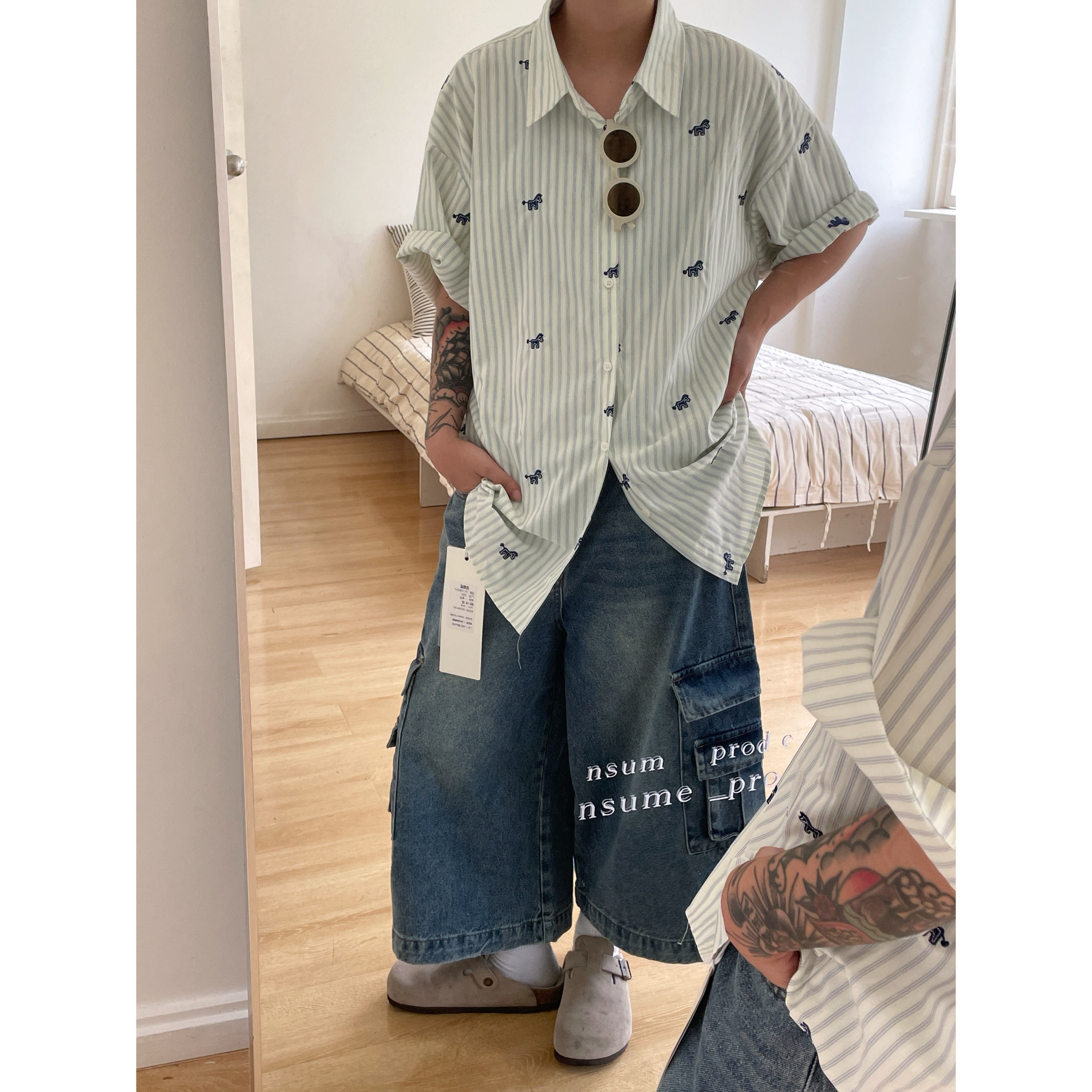 JUSHOUREN 韩系简约清新小马刺绣衬衫男女宽松度假慵懒风短袖衬衣