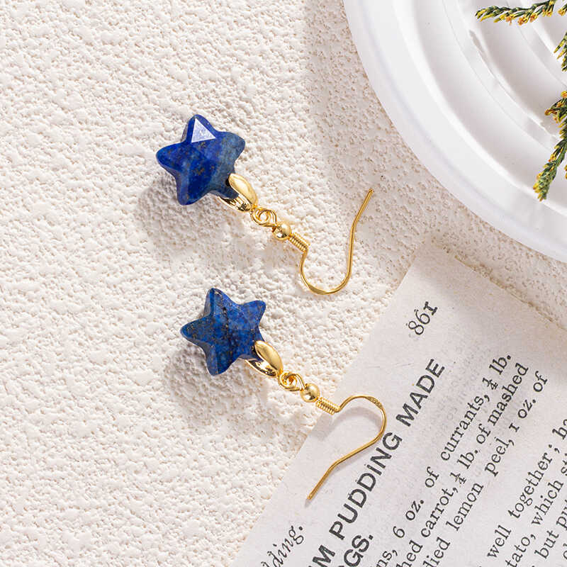 原创新款天然石头水晶下日法式复古气质简约五角星耳环