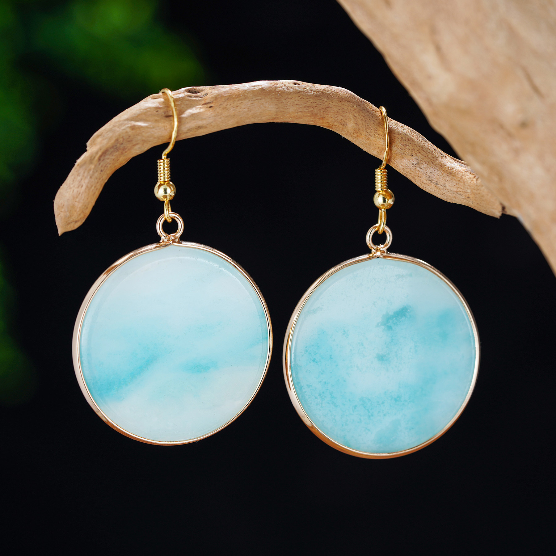 女新款天然石耳坠时尚简约天河石耳坠优雅长款圆形水晶耳环