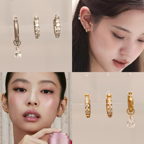 Jennie欧阳娜娜同款素圈水滴耳圈镶钻耳扣医用钛钢爆闪耳骨耳环女