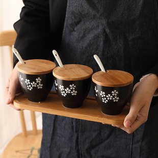 陶瓷调味罐调味缸竹木盖调味盒料罐盒盐味精罐盐罐辣椒作料盒带盖