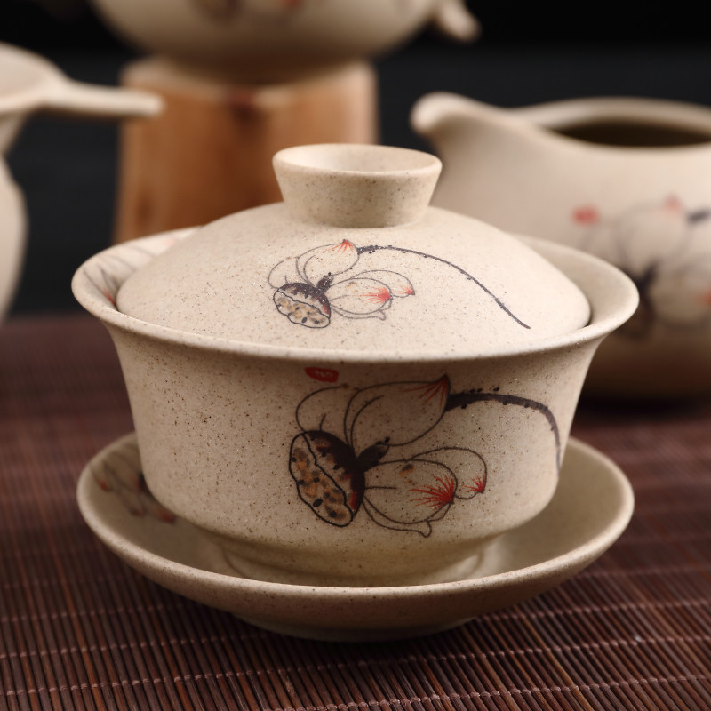 粗陶功夫茶具手绘荷花陶土盖碗陶瓷金鱼三才茶碗红茶花茶壶小茶碗