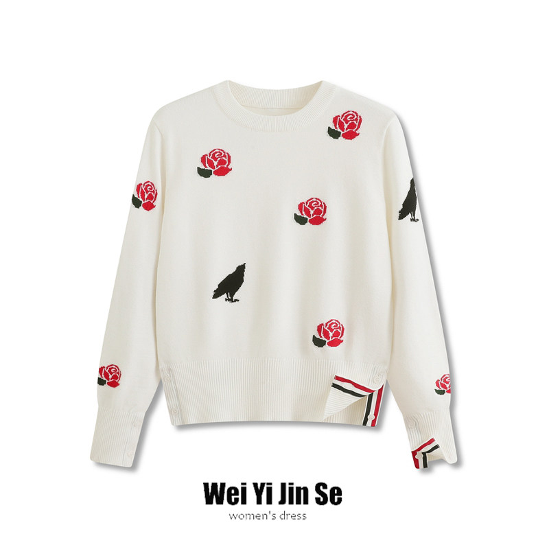 秋冬新款花朵提花针织套头毛衣女韩版tb时尚收腰修身打底内搭上衣