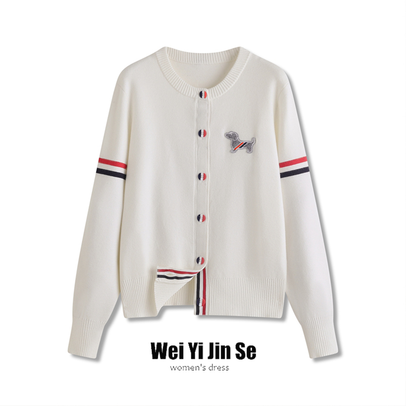 韩版tb小狗刺绣针织开衫女春秋季新款圆领宽松长袖毛衣外套上衣